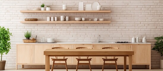 Wall Mural - Minimalistic wooden furniture and dining table in modern rural kitchen with white brick walls shelves and cooking area captured in a vertical shot With copyspace for text