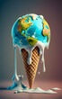 Earth melt ice cream. Global Warming, Climate change and earth pollution concept