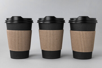 Poster - Paper cups with black lids on light grey background. Coffee to go