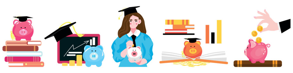 Collage of female student with piggy banks, coins and books on white background