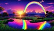 rainbow sunset over a pond in the style of a videogame