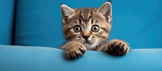 Poster - Brown British cat lying on blue sofa with upraised paw and spotted kitten belly With copyspace for text