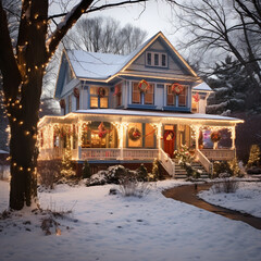 Wall Mural - a house with christmas lights on the front porch