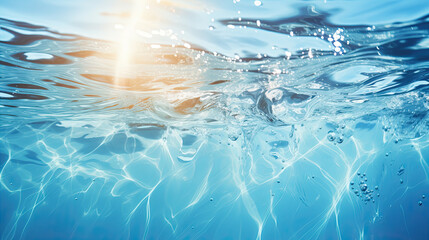 Wall Mural - Blurry blue water surface with bubbles and splashes Nature background with sunlight and space for text