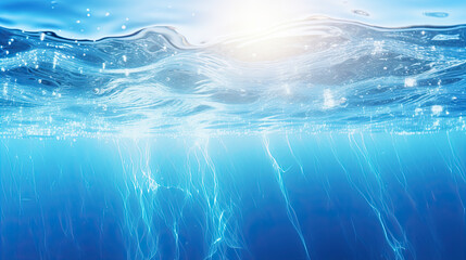 Wall Mural - Blurry blue water surface with bubbles and splashes Nature background with sunlight and space for text