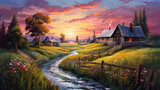 Fototapeta Natura - Summer landscape beautiful and moody paint, countryside flowers and meadows. 