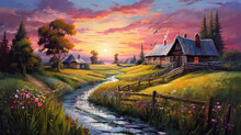 Summer Landscape Beautiful And Moody Paint, Countryside Flowers And Meadows. 