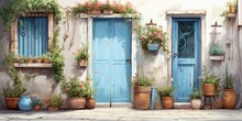 In Front Of The Door Of A House With A Facade Full Of Pots With Flowers And A Large Wooden Door, Generative AI
