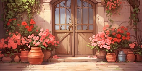 Wall Mural - in front of the door of a house with a facade full of pots with flowers and a large wooden door, generative AI