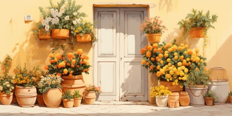 Wall Mural - in front of the door of a house with a facade full of pots with flowers and a large wooden door, generative AI