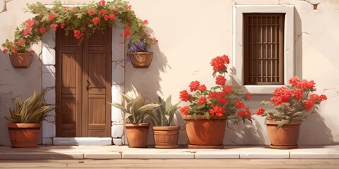 Wall Mural - in front of the door of a house with a facade full of pots with flowers and a large wooden door, generative AI