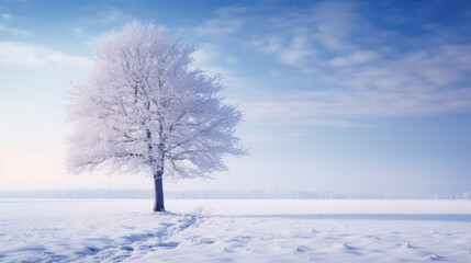 Wall Mural - Beautiful winter landscape with a lonely snow-covered tree. AI generated.