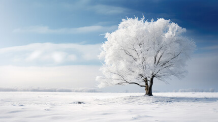 Wall Mural - Beautiful winter landscape with a lonely snow-covered tree. AI generated.