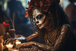 Mexican Catrina , young Latin woman put traditional makeup for the holiday, Halloween spirit. 