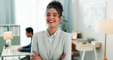 Wall Mural - Portrait of woman with smile, confidence and coworking space, manager for online research and consulting agency. Office, happiness and businesswoman with arms crossed, leader and entrepreneur at work