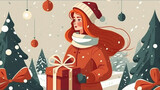 Fototapeta Paryż - Christmas and Happy New Year. woman with present. Woman holding a pile of presents in the boxes. Xmas trees in December.	
