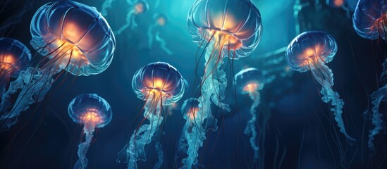 dark water floating blue medusas with copyspace for text