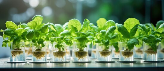 Canvas Print - Advanced aquaponic and hydroponic technologies enable lab grown lettuce Genetic engineering research employed in lab testing for plant bioscience With copyspace for text