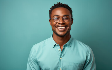Wall Mural - happy handsome fashion African American man smiling and wearing color cloth, solid light color background