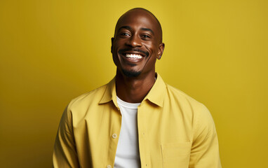 happy handsome fashion African American man smiling and wearing color cloth, solid light color background