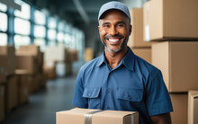 Happy Deliveryman Employee Smiling Holding A Box In A Warehouse Wearing Bright Solid Light Cloth