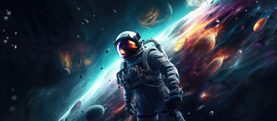 Wall Mural - astronaut admiring cosmic art in deep space among billions of galaxies with copyspace for text