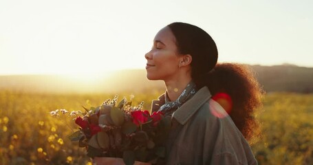 Sticker - Woman, bouquet and flowers in sunset, outdoor or smell with thinking, smile or gratitude for gift in nature, Girl, floral present and happy in countryside, field or freedom on valentines day vacation