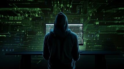 Wall Mural - Computer hacker in hoodie with data technology background, internet fraud and cyber security concept