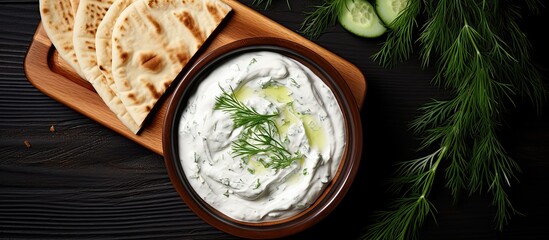 Wall Mural - Greek Tzatziki dip with cucumber sour cream Greek yogurt lemon juice olive oil dill and Pita bread With copyspace for text