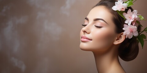 Wall Mural - Beautiful young woman with spring flowers on her face. Beauty face.