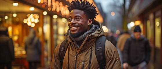 A young African boy from the millennium is out and about. ecstatic black dude carrying a marijuana backpack.