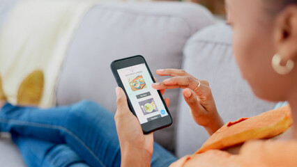 Aufkleber - Food delivery, search or phone with hands of black woman on sofa for online shopping on internet. Scroll, screen or African customer browsing on technology ux at home for offer, app menu or choice