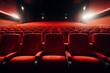 Movies and cinema, architecture concept. Abstract background of empty cinema theater red seats. Abstract background with copy space. Generative AI