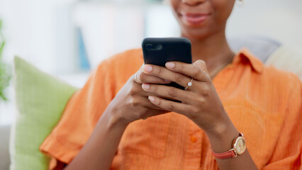 Canvas Print - Woman, hands and typing on smartphone in home, reading social media notification and scroll multimedia subscription. Closeup, cellphone and download mobile games, search digital network or update app