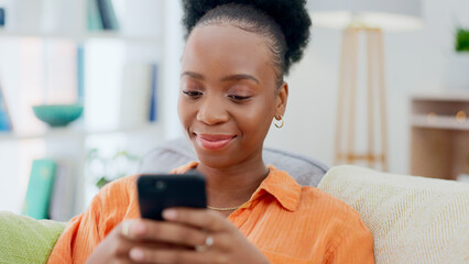 Poster - Social media, phone or black woman on sofa to relax in communication in house living room. Smile, scroll or African person texting or reading online gossip on a mobile app discussion on couch at home