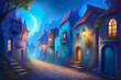 Fantasy art of an old village with blue colorful houses.