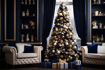 christmas tree with blue, white and gold decorations in living room