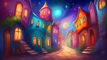 Fantasy art of an old village with colorful houses.