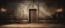An Old Abandoned Manor With A Beautiful Doorway And Shabby Walls Filled With Light From The Windows With Copyspace For Text