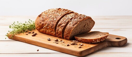 Slice of sprouted grain and seed bread on a chopping board With copyspace for text