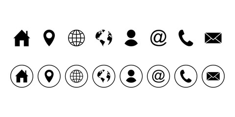Web icon, contact us icon, blog, address, location, email, phone, and social media round signs transparent background. Contact information symbols collection.