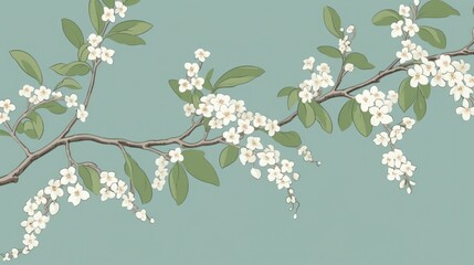  a branch with white flowers and green leaves
