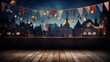 Rooftop empty table setting at dusk with a rustic wooden table, festooned with whimsical pennant banners and string lights, overlooking a shimmering city skyline.