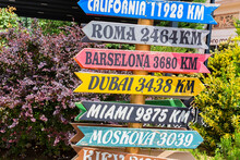Symbolic Road Sign Directing The Distances To The World Capitals. Travelling, Tourism Concept. Avanos, Turkey (Turkiye)