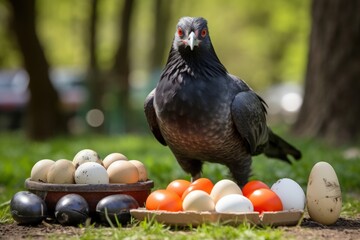 Wall Mural - a bird standing next to a plate of eggs