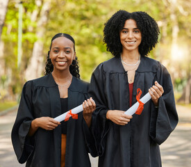 Wall Mural - Graduate scroll, portrait women and friends happy for learning success, education development or graduation. College certificate diploma, school study commitment and university students achievement