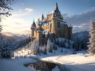 Enchanting old snow castle in the mountains in snowy forest