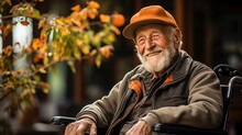 Portrait Of Senior Man Sitting In Wheelchair At Home In Autumn Day