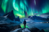 Fototapeta  - The mountaineer looks admiringly at the northern lights or Aurora phenomenon. Generative Ai.