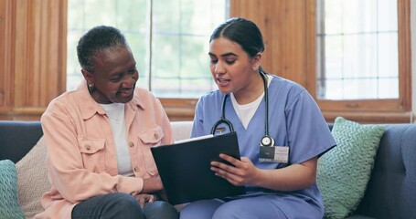 Poster - Happy woman, doctor and consultation in elderly care, support or trust for schedule plan on sofa at home. Female person, nurse or medical caregiver consulting senior patient in life insurance or help